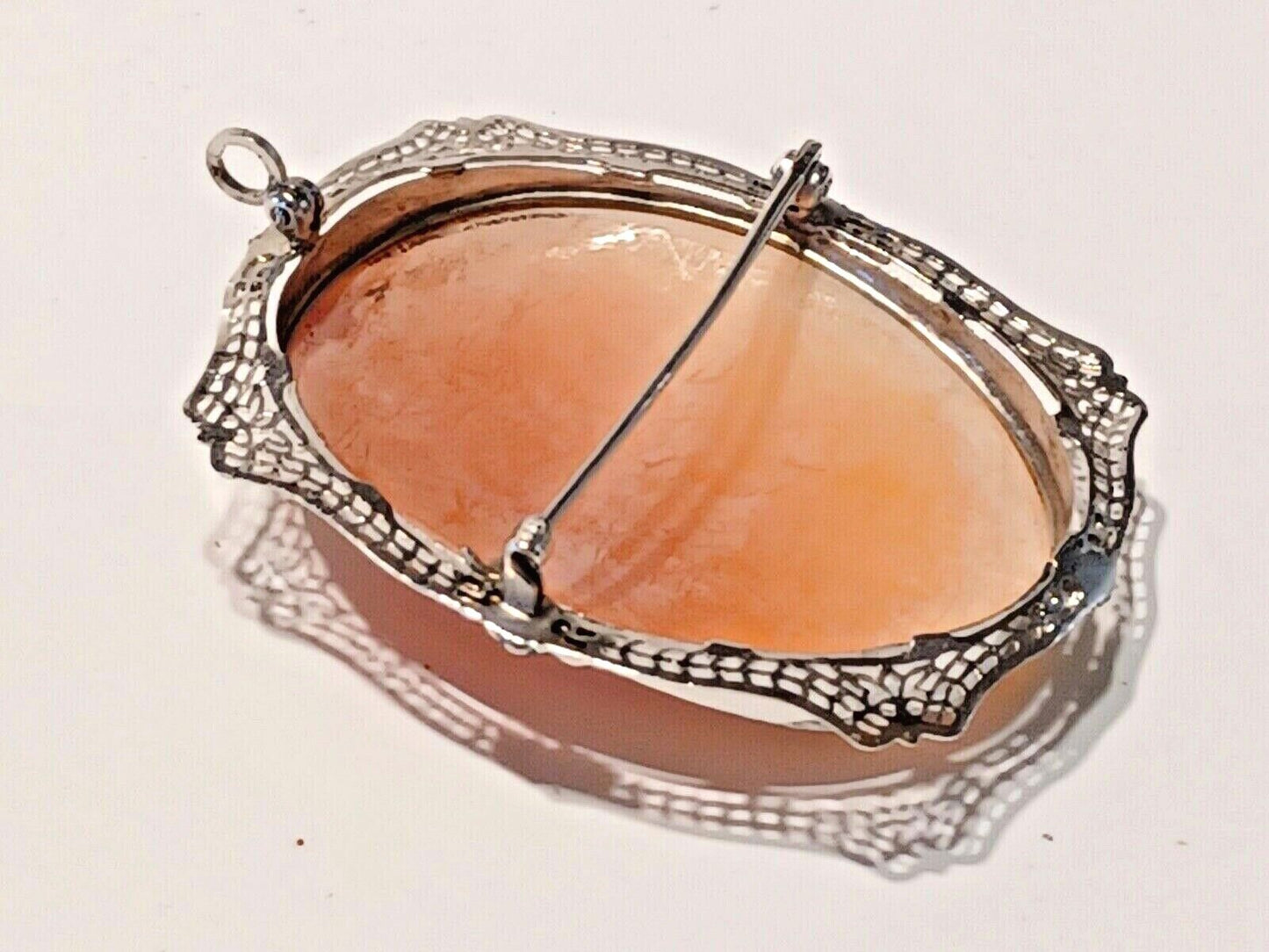 Antique Victorian Estate 14K White Gold Filigree Shell Cameo Pin Pendant Enamel image 9