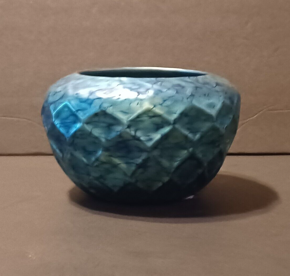 LUNDBERG Studios Art Glass Blue Iridescent Indian Basket Bowl 4 1/2" image 10