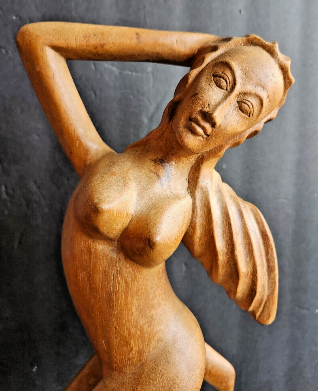 16" Tall Hand Carved Balinese Indonesia Wood Nude Mermaid Figurine image 1