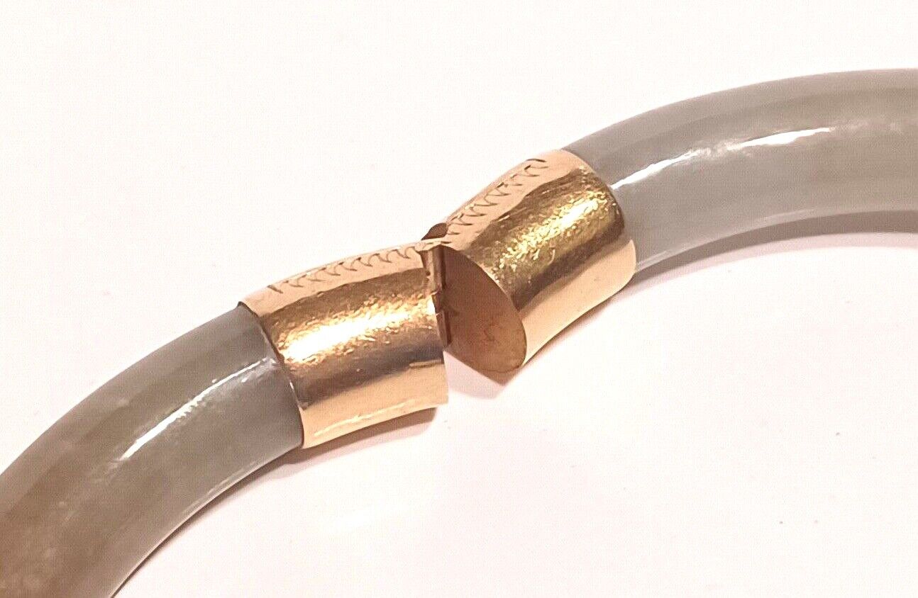 Antique 14K Gold Bi Color Green & Brown Jade Hinged Bangle Bracelet image 7