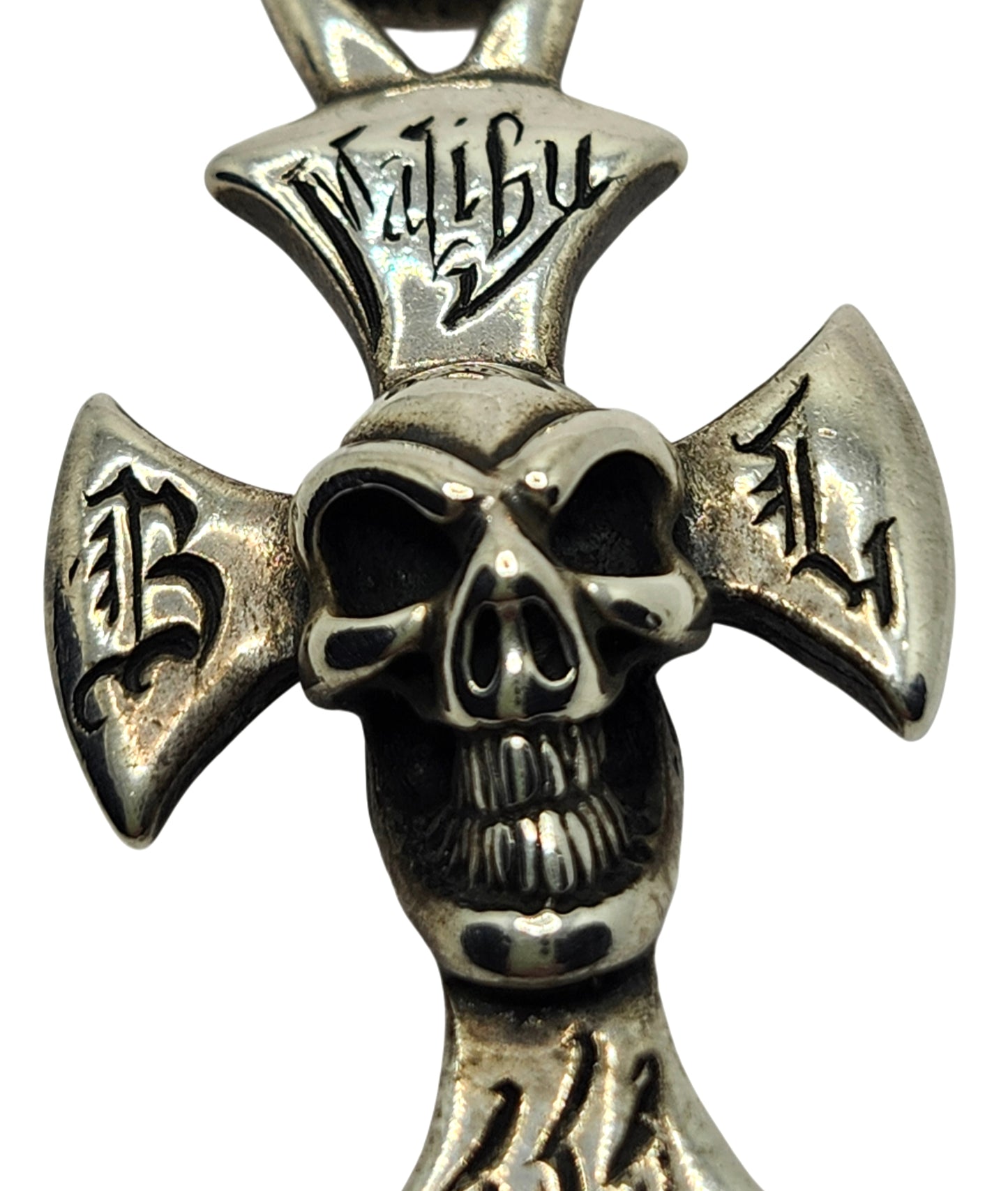 BWL Bill Wall Leather Sterling Large Malibu Cross w/ Good Luck Skull Pendant image 2