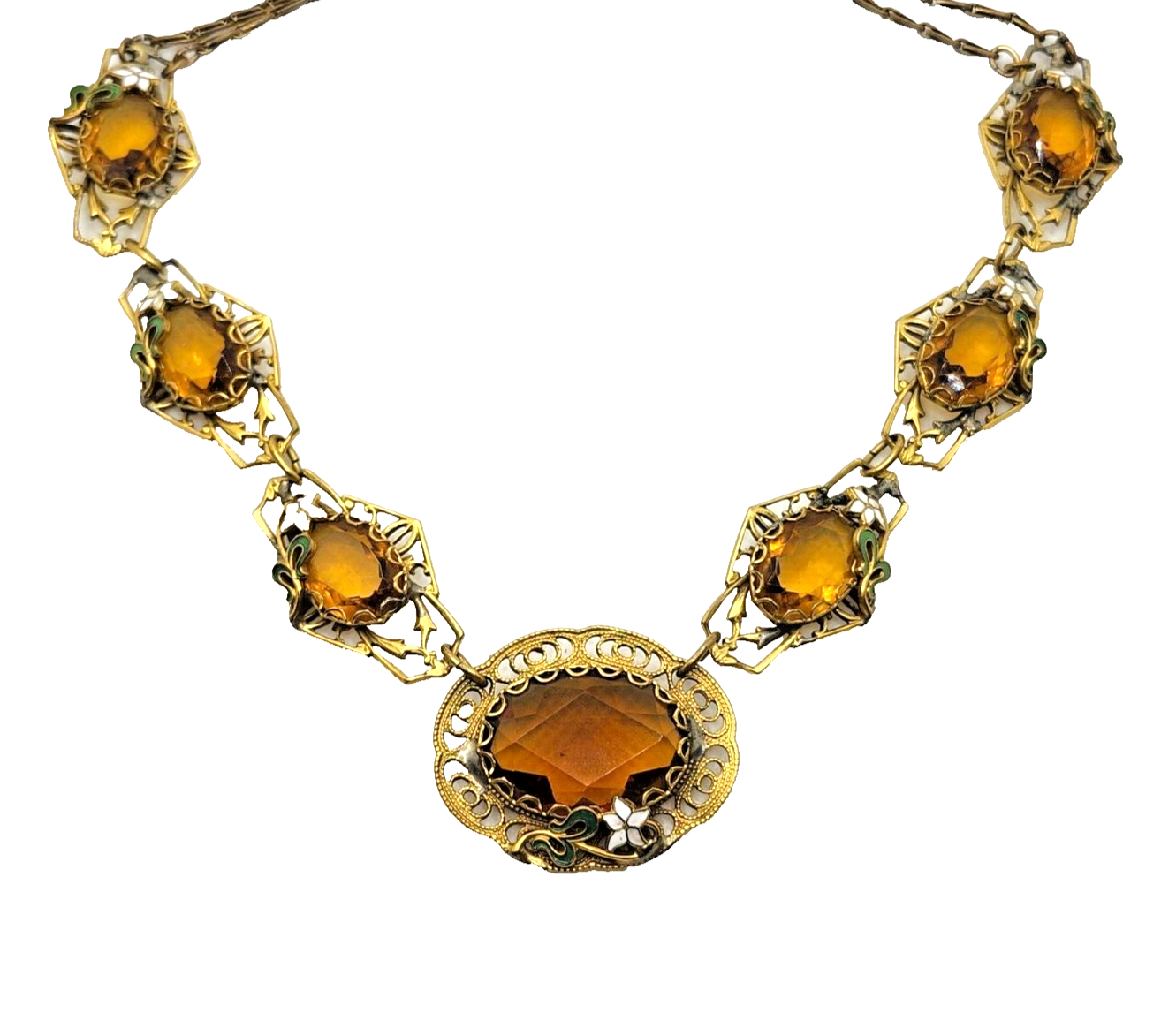 Antique Art Nouveau Enamel Czech Citrine Glass Filigree Gold Filled Necklace image 4