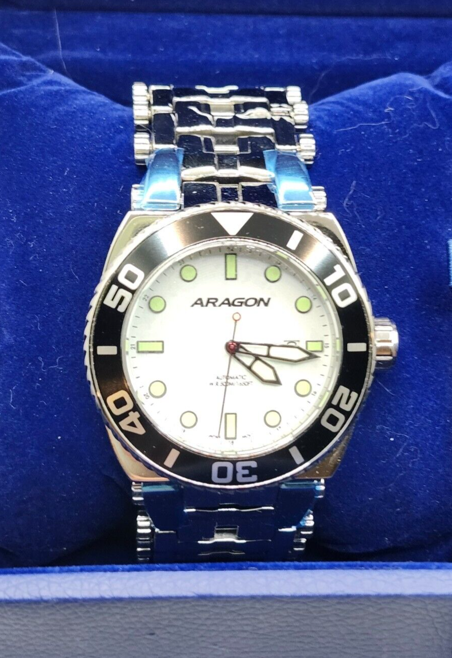NEW Aragon Millipede Automatic A093 Mens Watch White Dial and Black Bezel in Box image 1