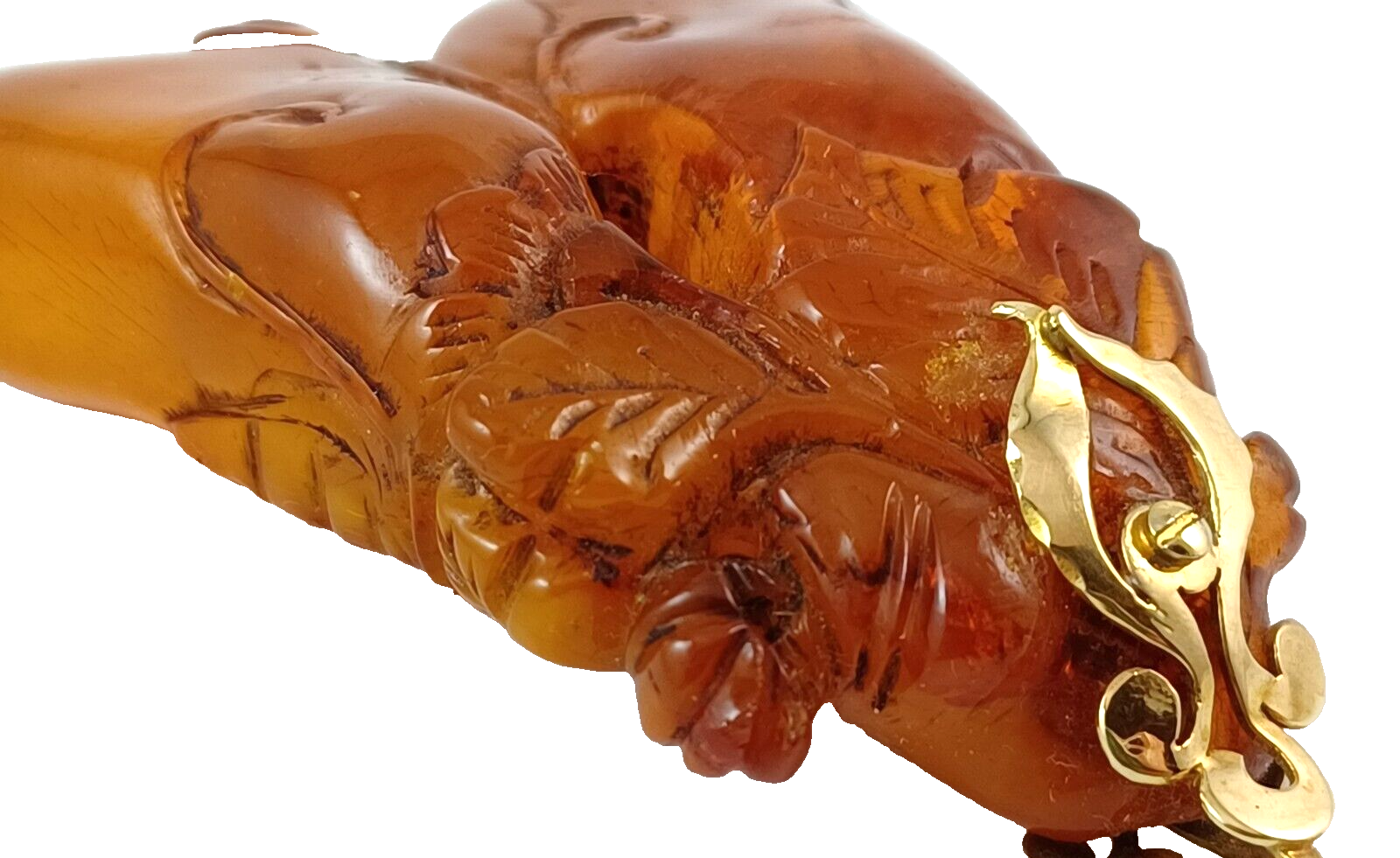 RARE One of a Kind! Large Antique Carved Butterscotch Amber & 14K Gold Pendant image 10