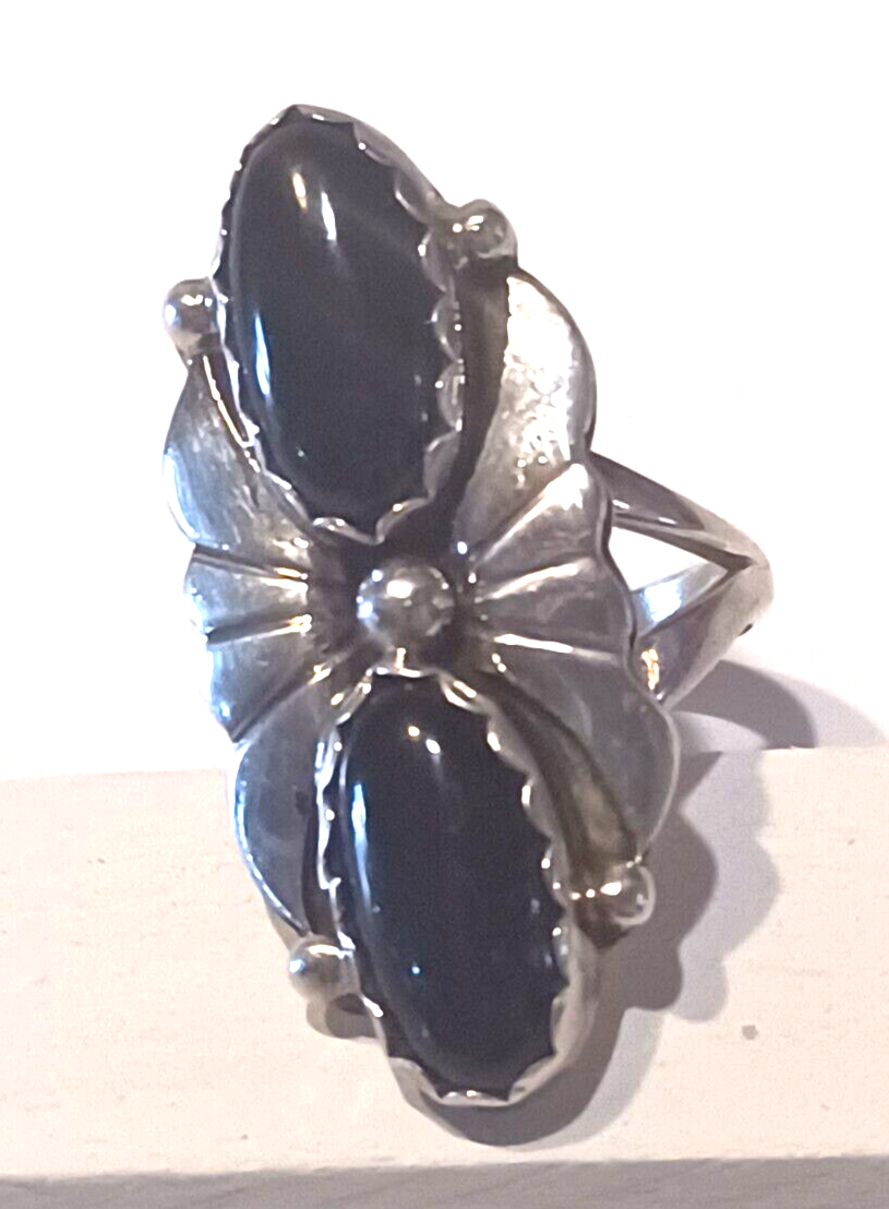 Native American Black Onyx & Sterling Silver Ring Signed INO image 1
