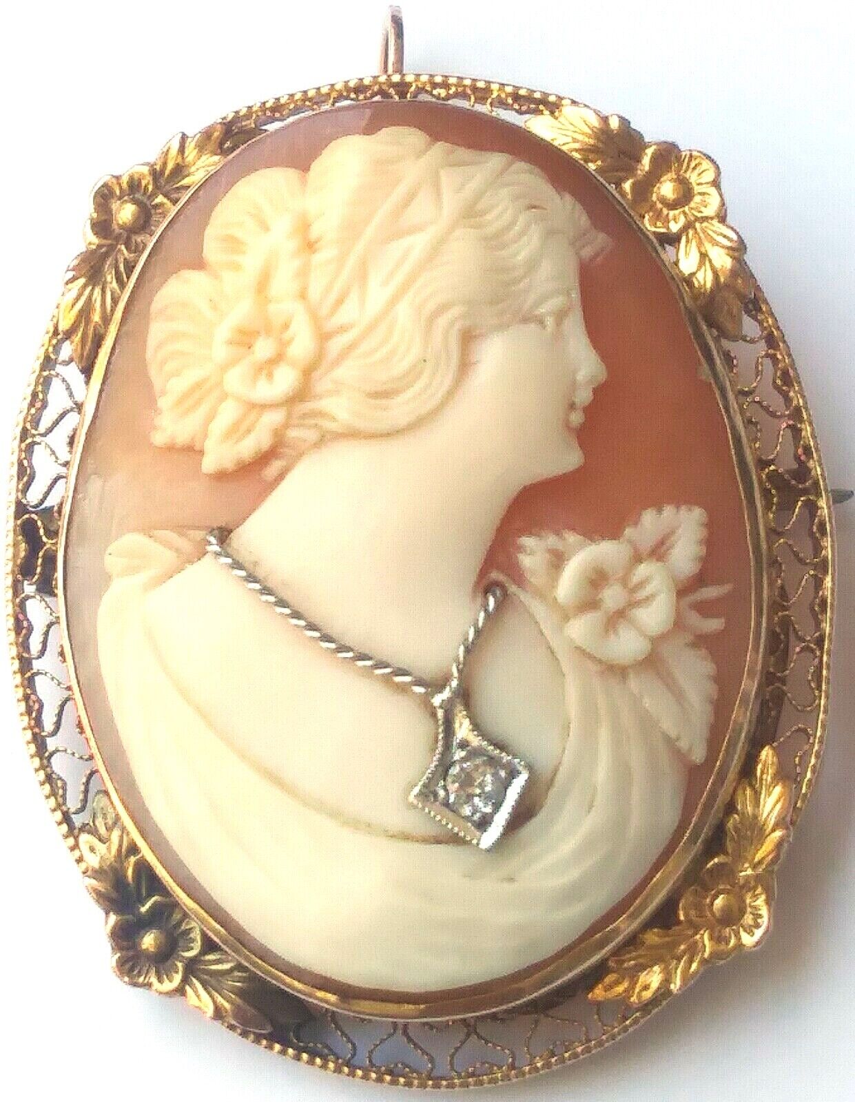 Antique Victorian Shell Cameo Diamond Necklace 10k Yellow Gold Brooch Pendant image 3
