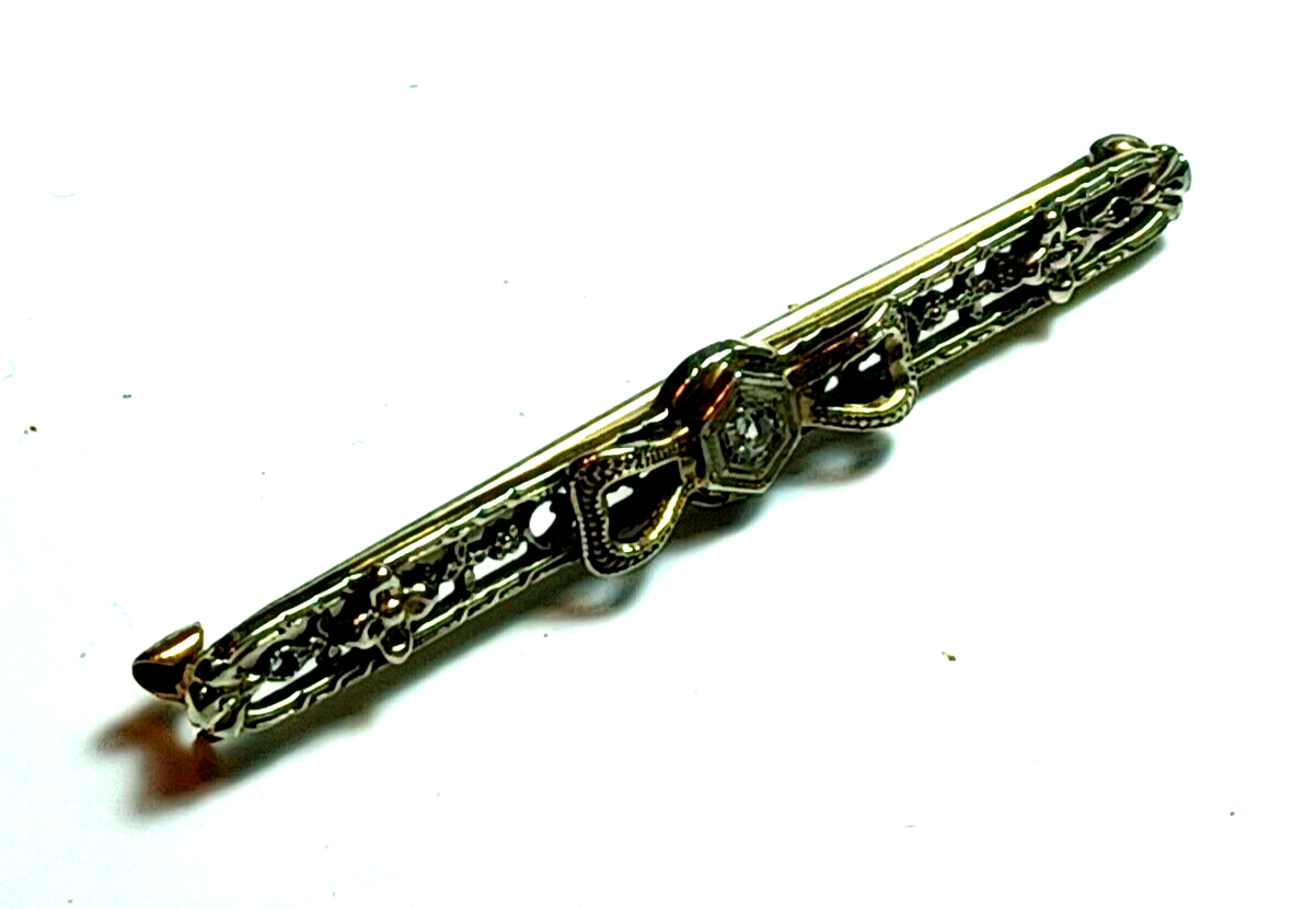 Antique Diamond Bow  & Floral 14K White Gold Bar Pin image 4