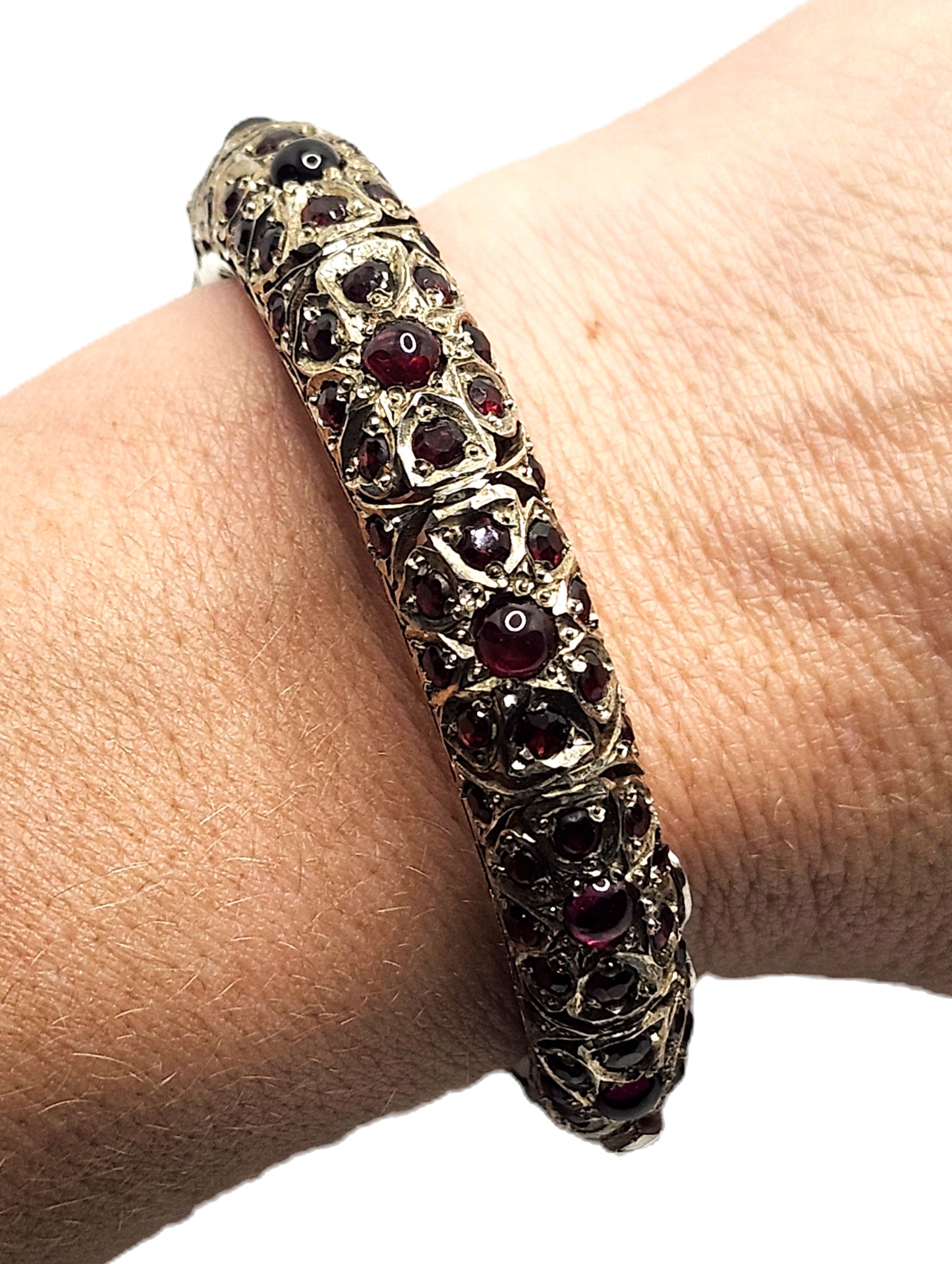 Mughal Indian Sterling Silver & Garnet Hinged Bangle Bracelet image 1