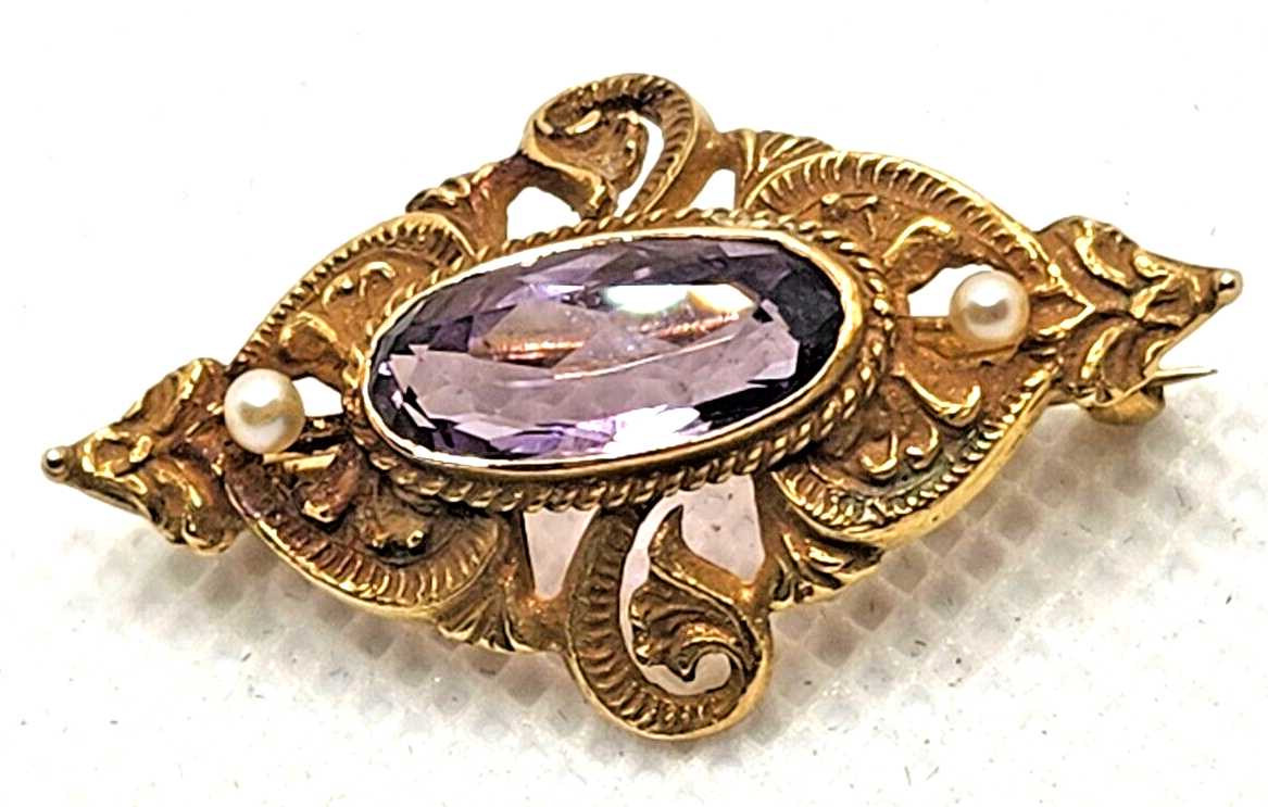 Antique Victorian Amethyst Pearl & 14k Yellow Gold Bar Pin Brooch image 2