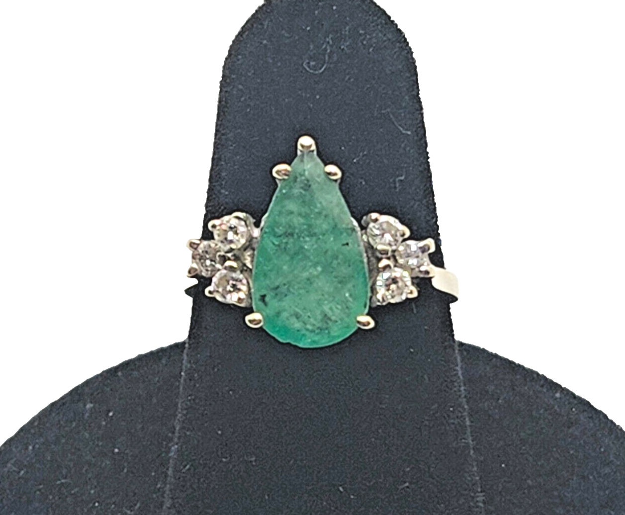Large Pear Shaped Emerald & Diamond 18k White Gold Ring image 1