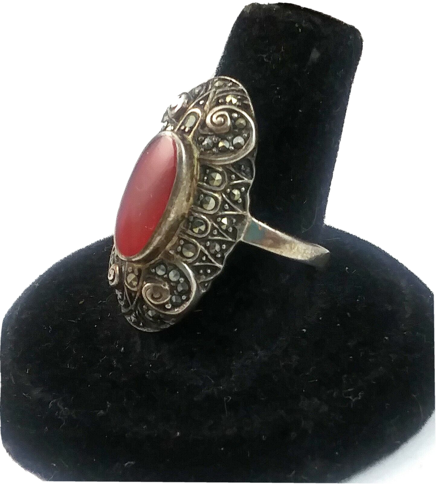 Antique Art Deco Coral Marcasite & Sterling Silver Ring Size 7 image 1