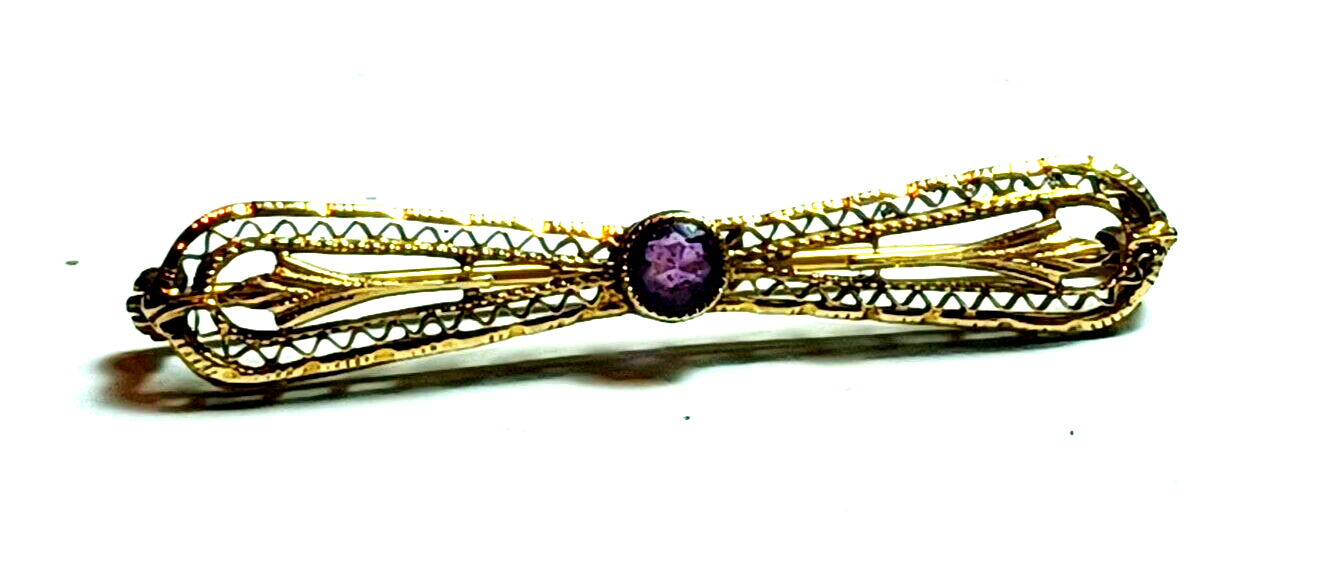 Antique Victorian .25ct Amethyst Filigree 14K Yellow Gold Bar Pin image 1