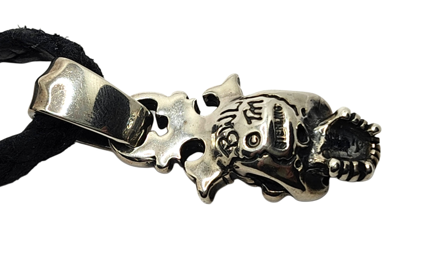 BWL Bill Wall Leather Sterling Half Skull w/ Crown Pendant on Braided Necklace image 4