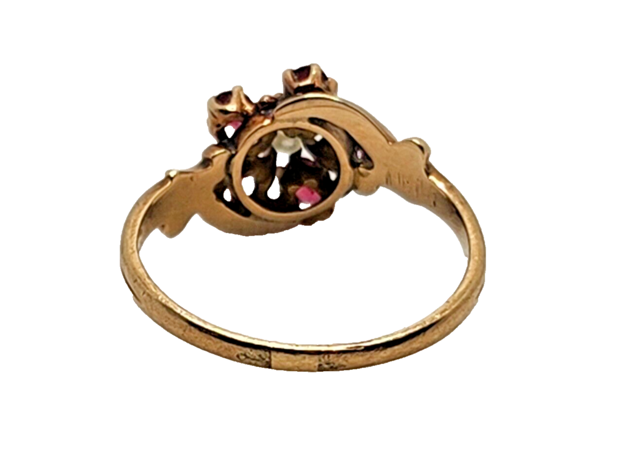 Antique Ruby & Seed Pearl Flower 10K Yellow Gold Ring image 8