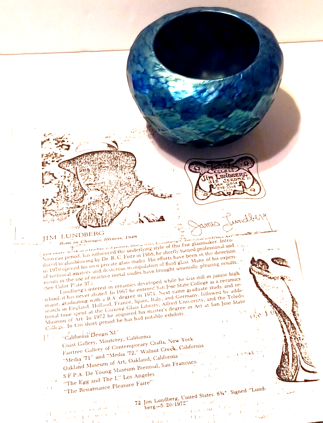 LUNDBERG Studios Art Glass Blue Iridescent Indian Basket Bowl 4 1/2" image 9