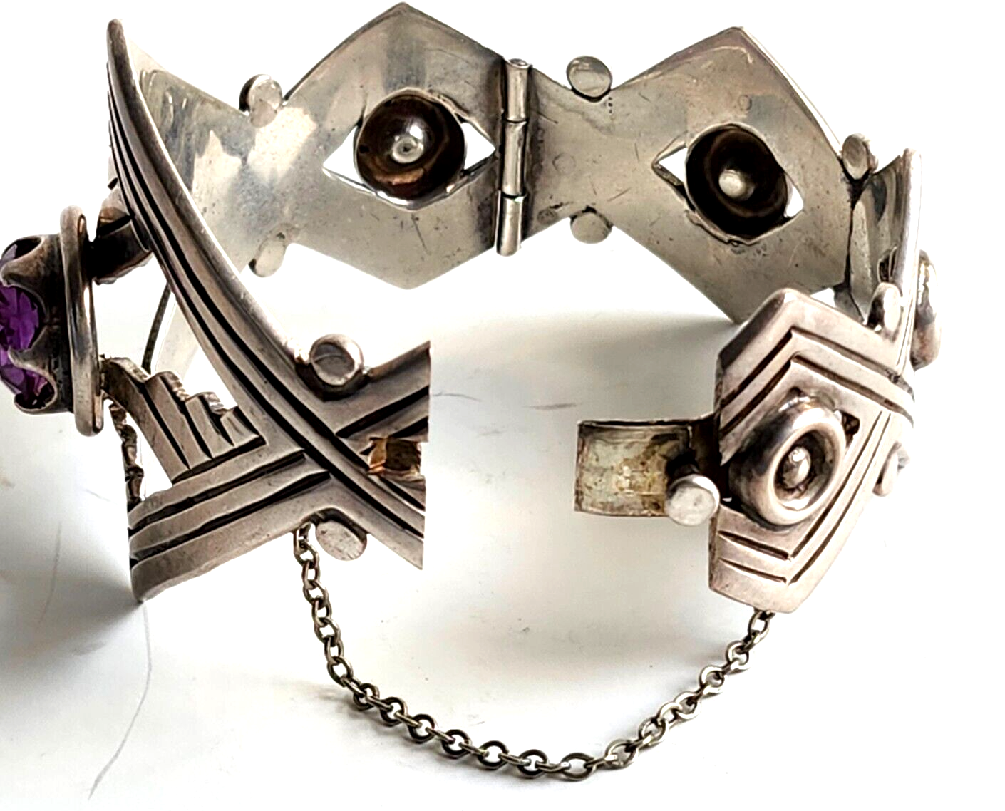 Vintage Taxco Mexico Sterling & Amethyst Chunky Hinged Bangle Bracelet Signed image 8