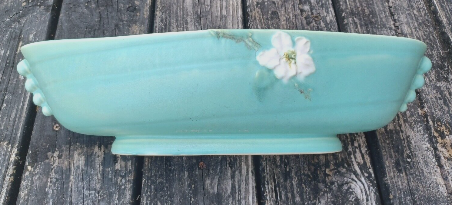 Rare Antique Weller Pottery Turquoise Wild Rose Large Oblong Planter Centerpiece image 6