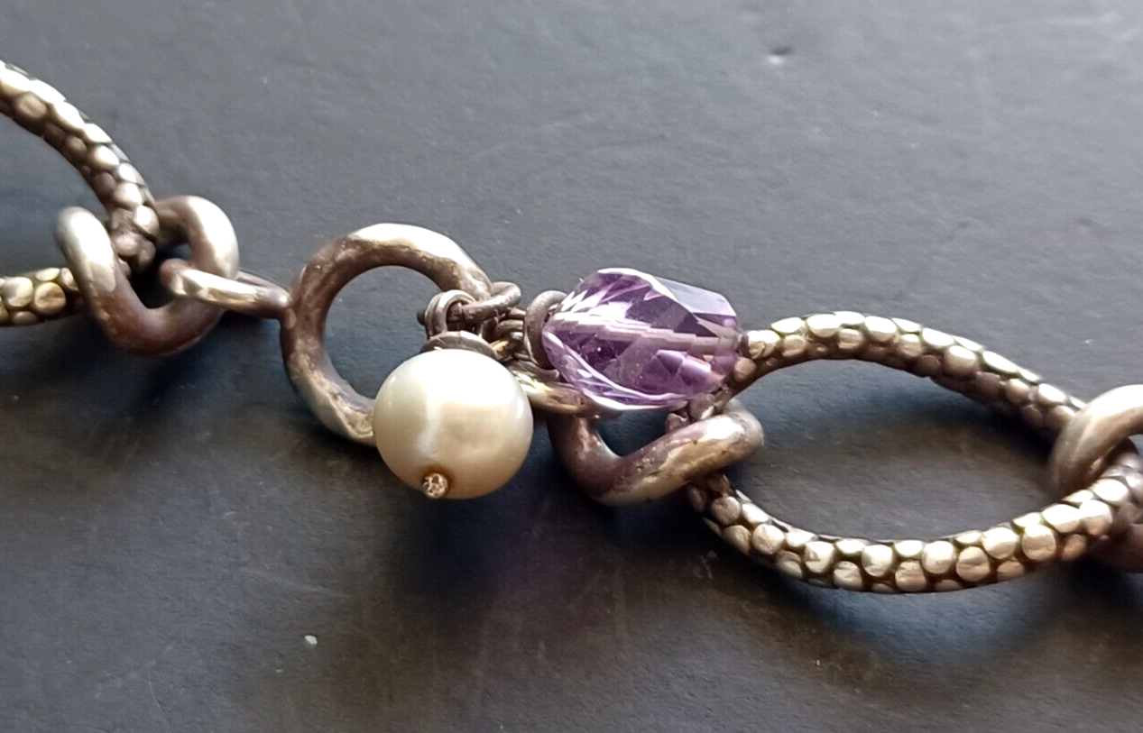 Michael Dawkins Sterling Silver 925 Chain Link Necklace Pearl & Gem Accents 16" image 5