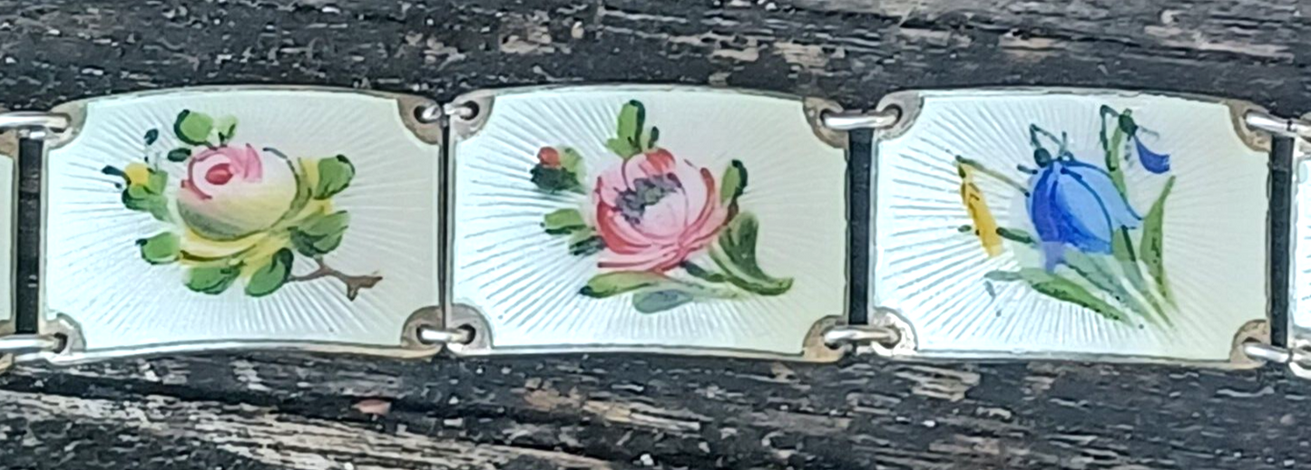 Vintage Norwegian Sterling Silver Guilloche Enamel Flower Panel Bracelet image 2