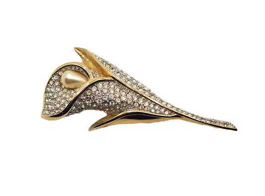 Swarovski Calla Lily Brooch Pin Crystal Pearl 22k Gold Plated image 0