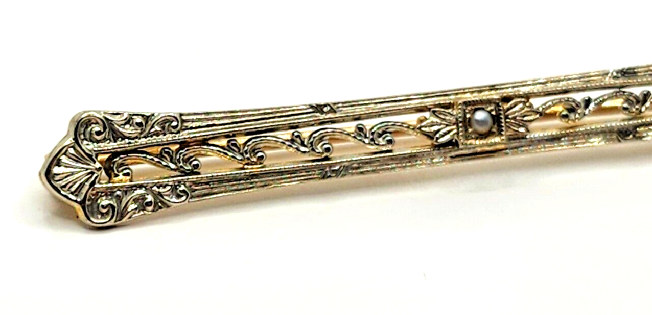 Antique Victorian Gray Seed Pearl & 10k White & Yellow Gold Bar Pin image 1