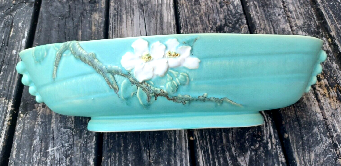 Rare Antique Weller Pottery Turquoise Wild Rose Large Oblong Planter Centerpiece image 3