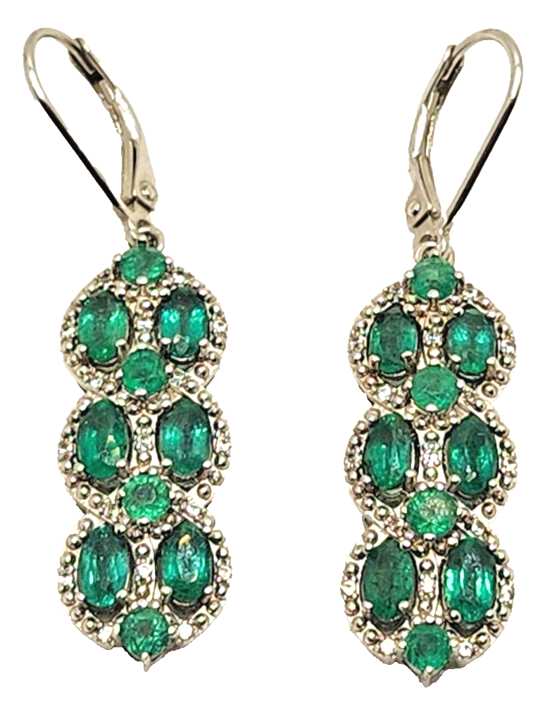 Natural Emerald & Diamond Dangle Earrings in Sterling Silver image 3