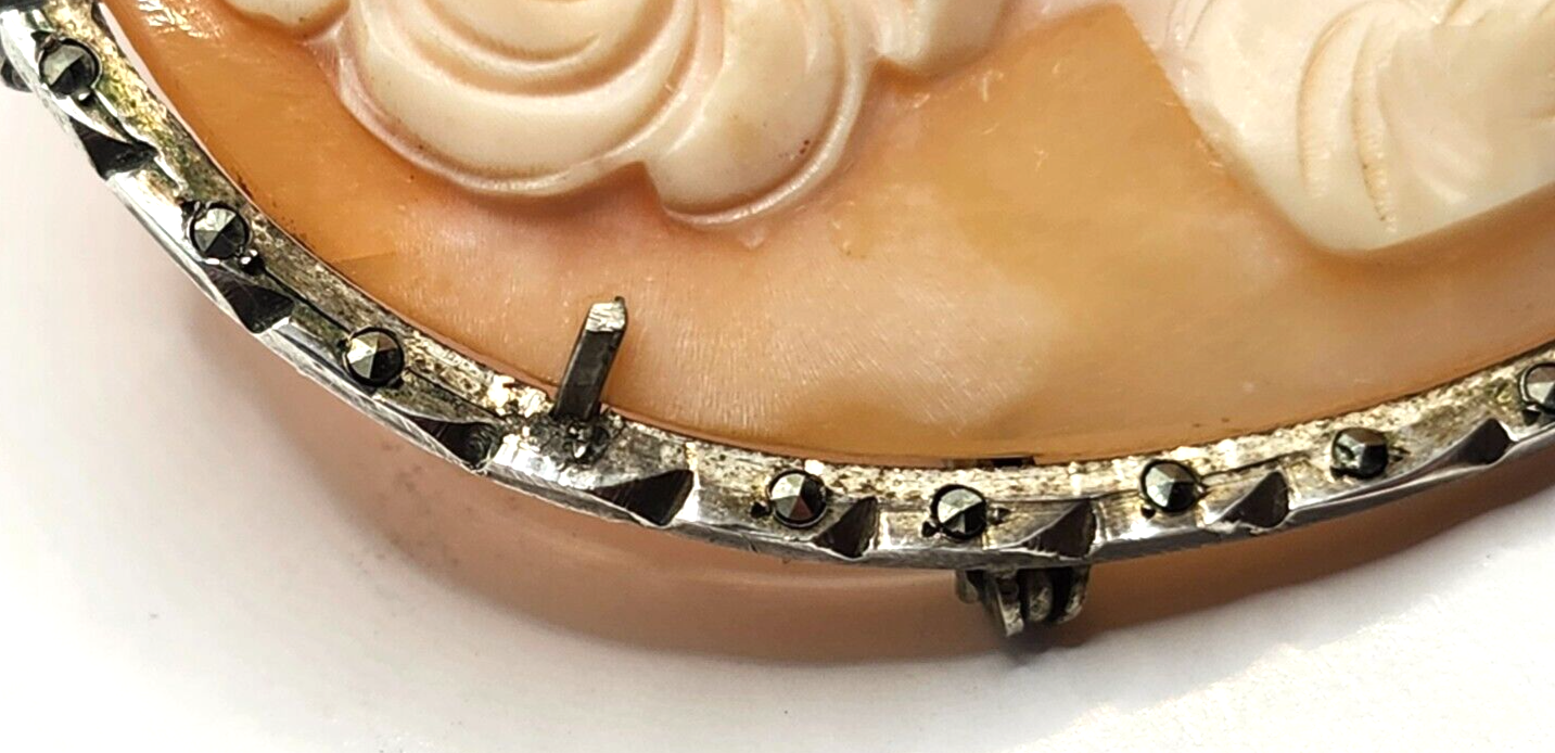 Large Antique Victorian Sterling Silver Marcasite & Shell Cameo Brooch Pendant image 4