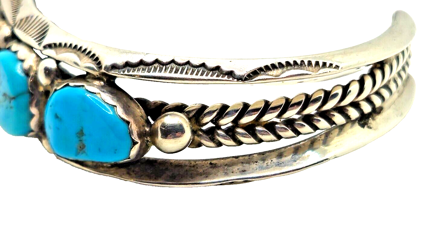 Native American Navajo 5 Turquoise & Sterling Silver Cuff Bracelet Signed image 5
