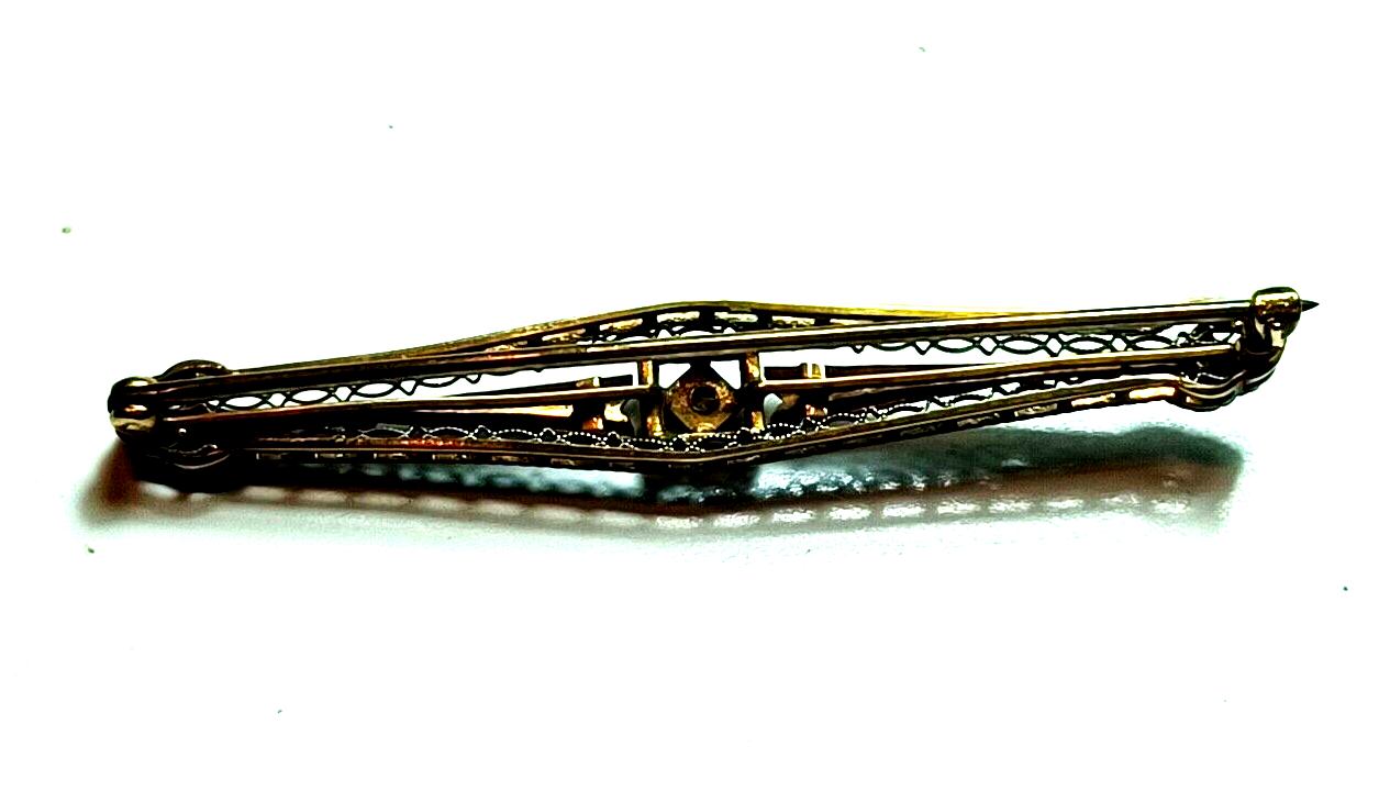 Antique Victorian .10ct Diamond Filigree Two Tone 14K Gold Bar Pin image 7