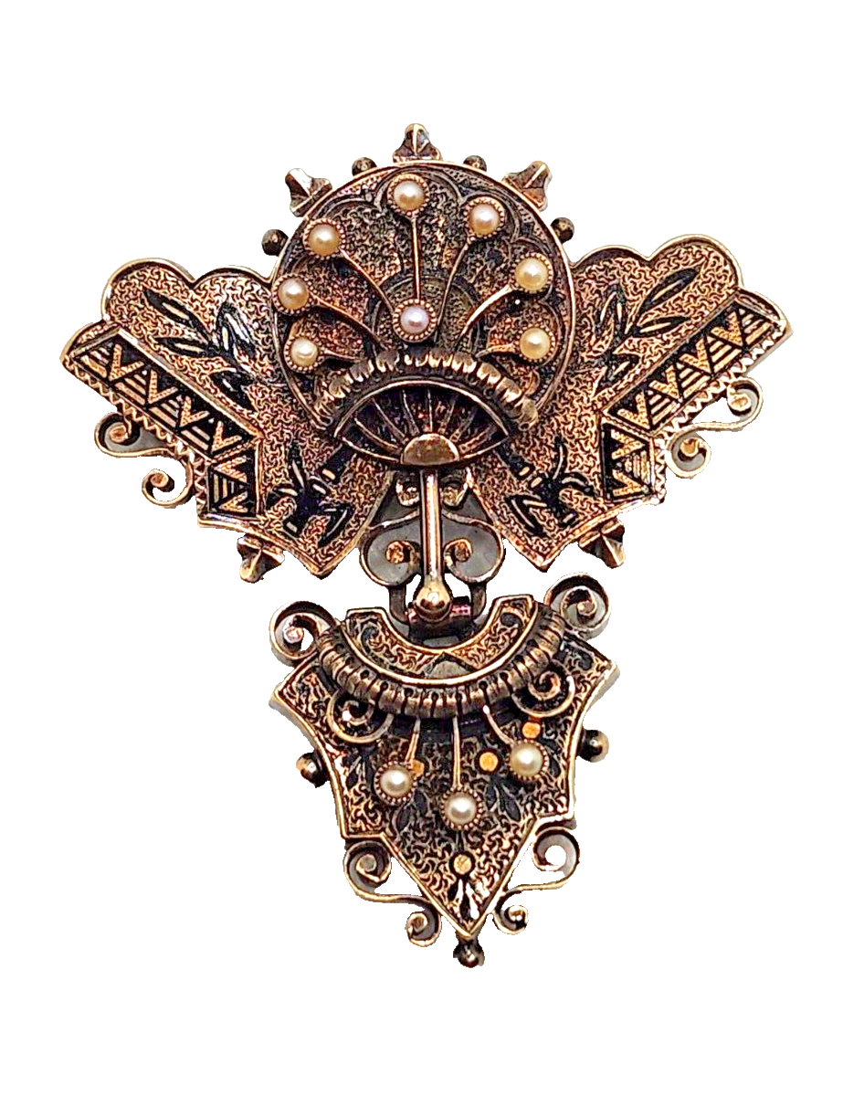 Antique Victorian 1800's Seed Pearl Enamel & 14k Gold Bar Brooch or Pendant image 1