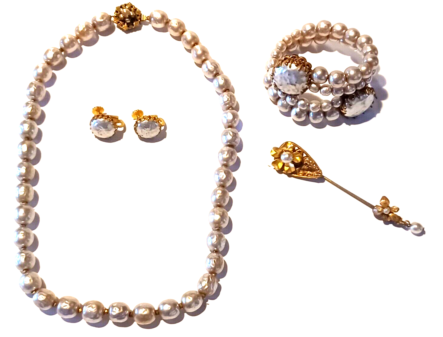 RARE Vintage Miriam Haskell 4pc Pearl & Goldtone Set Signed image 1