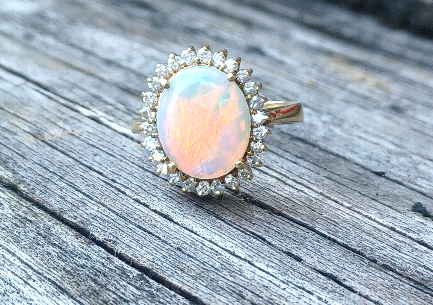 Natural Fire Opal & Diamond Halo 14K Yellow Gold Ring image 9