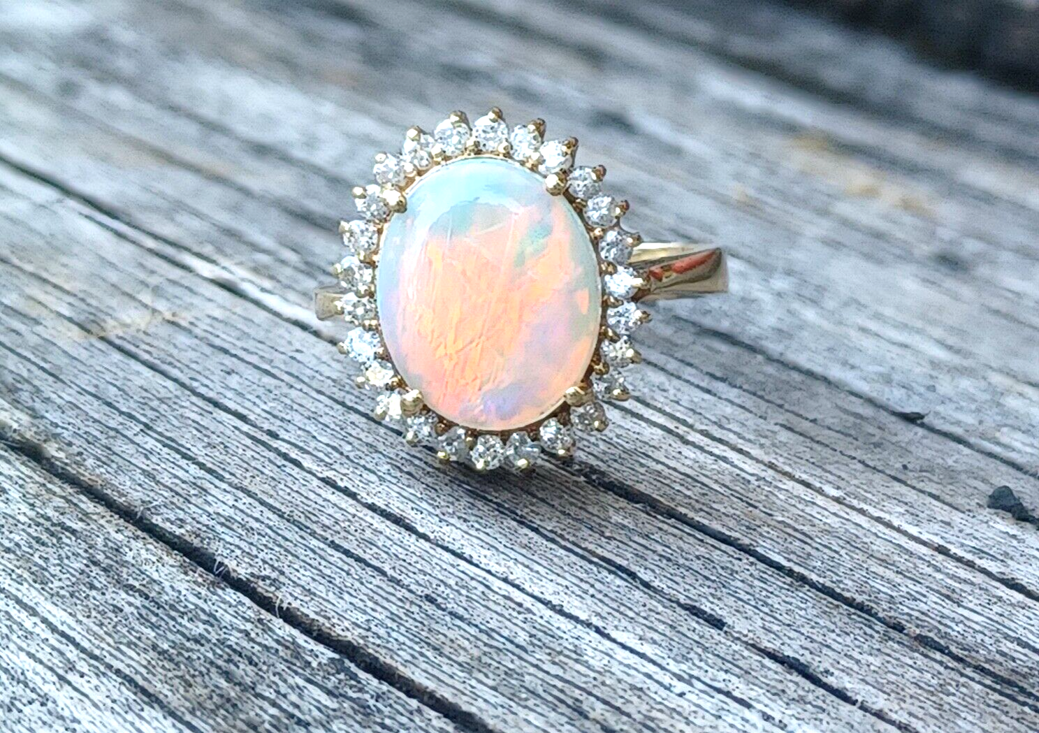 Natural Fire Opal & Diamond Halo 14K Yellow Gold Ring image 9