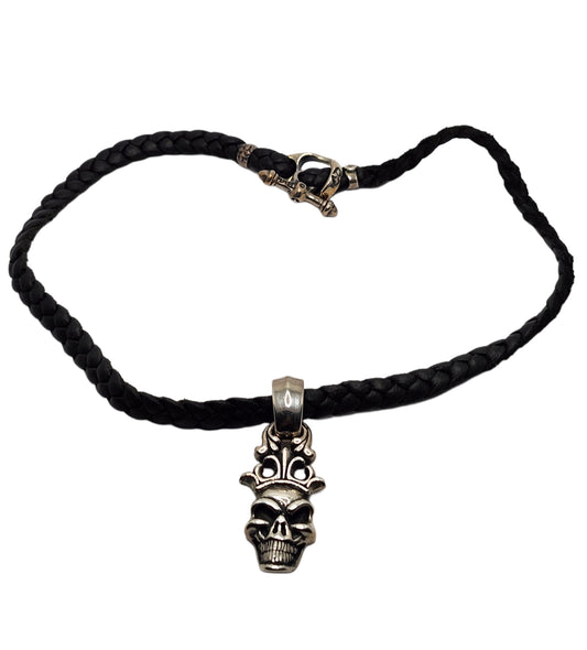 BWL Bill Wall Leather Sterling Large Skull w/ Crown Pendant on Braided Necklace image 0