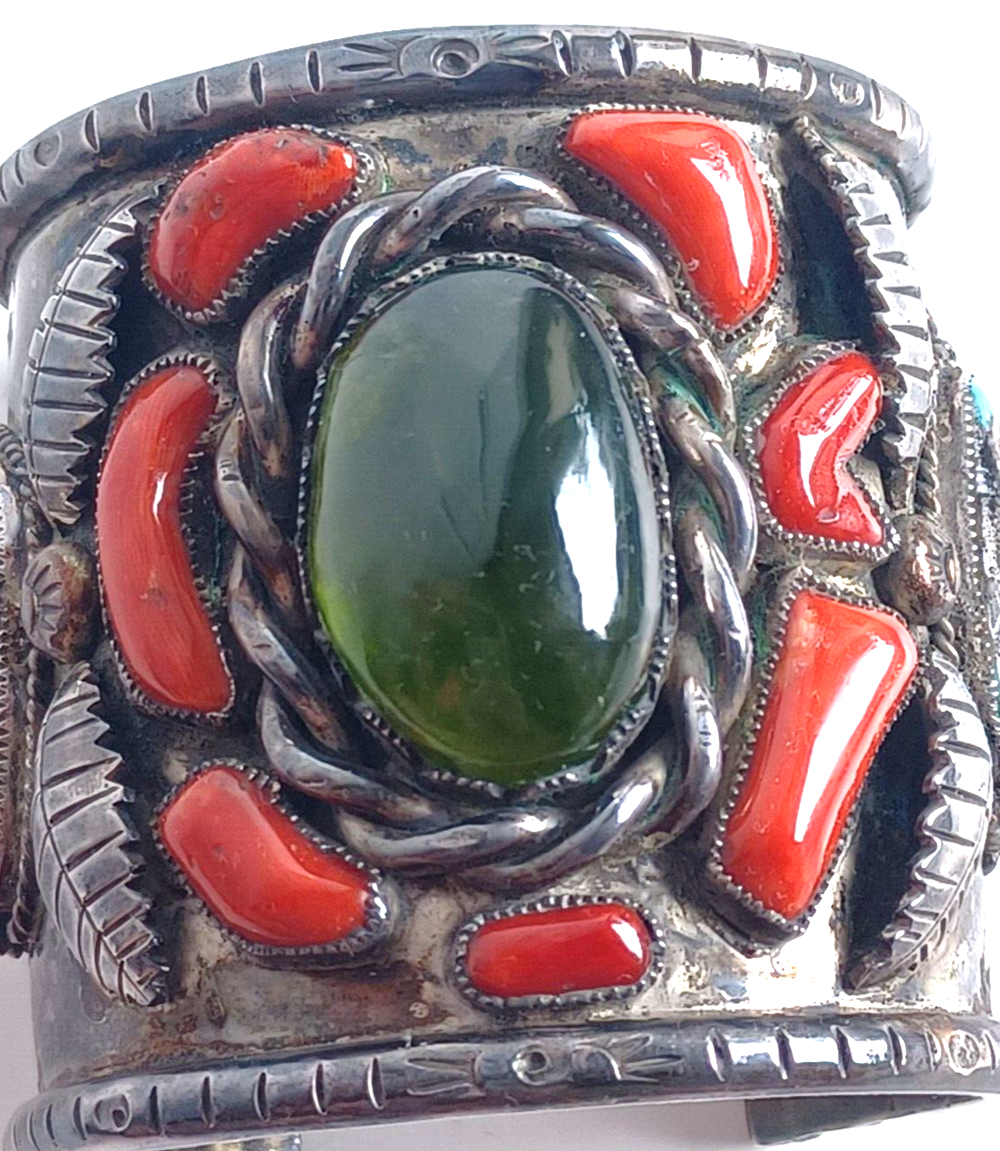 Lg Native American Green Amber Turq & Coral Sterling Cuff Bracelet Wilford Chee image 4