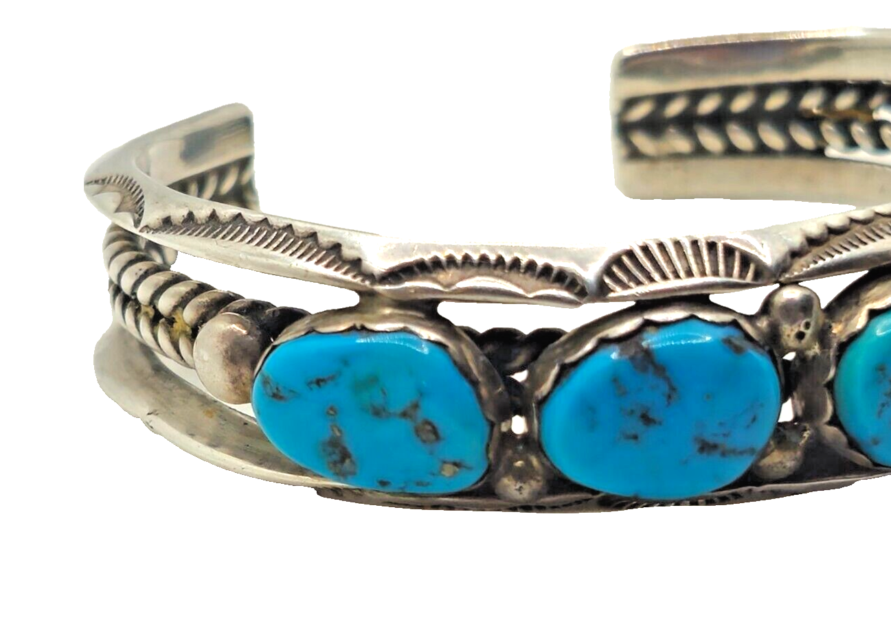 Native American Navajo 5 Turquoise & Sterling Silver Cuff Bracelet Signed image 3