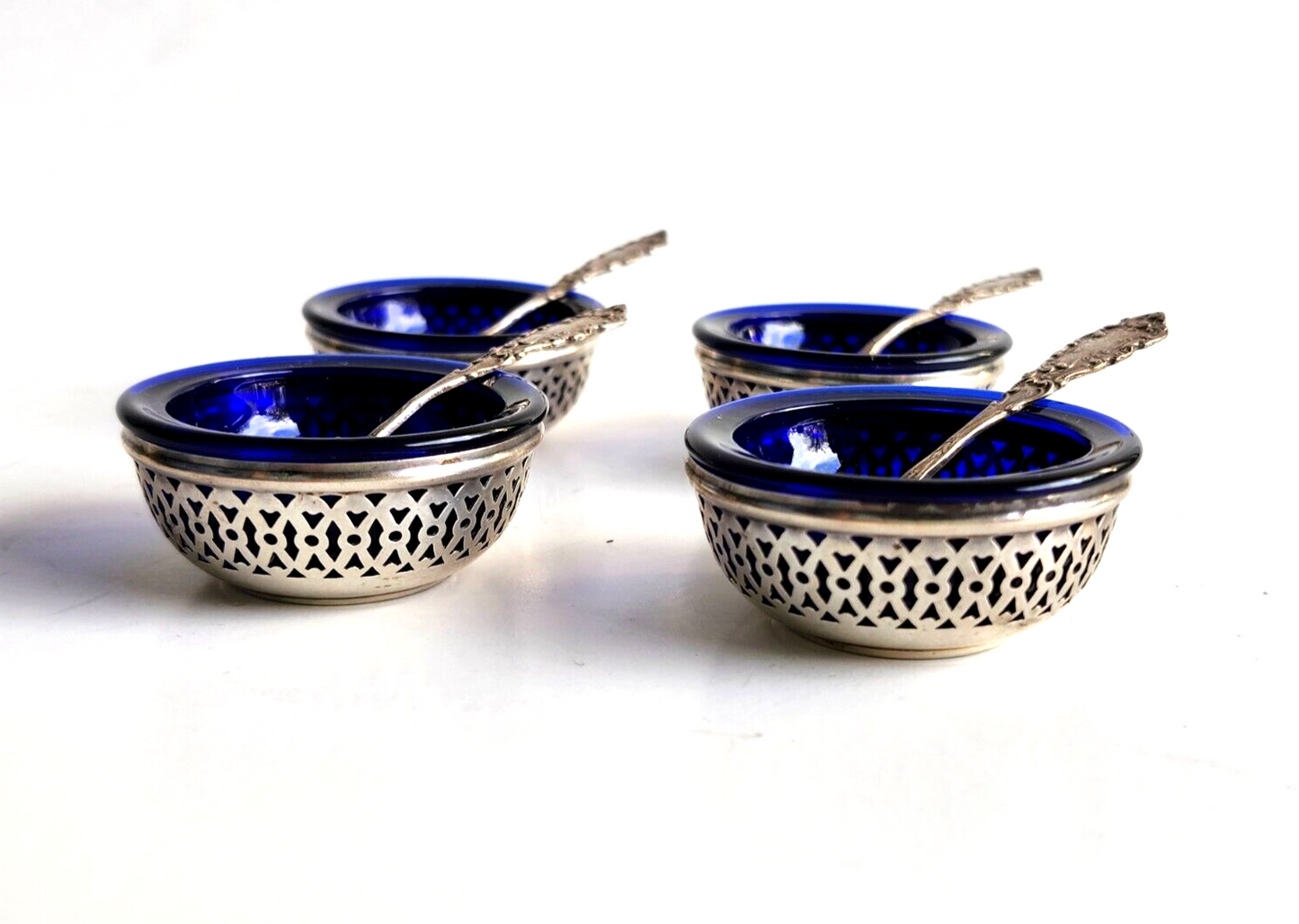 4 Antique Webster Sterling Silver & Cobalt Blue Open Salt Cellars w/ Spoons image 0
