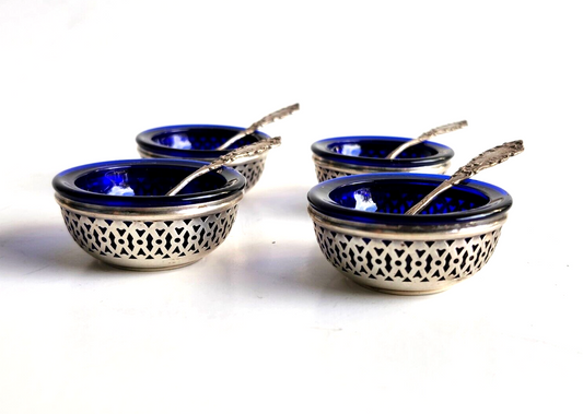 4 Antique Webster Sterling Silver & Cobalt Blue Open Salt Cellars w/ Spoons image 0