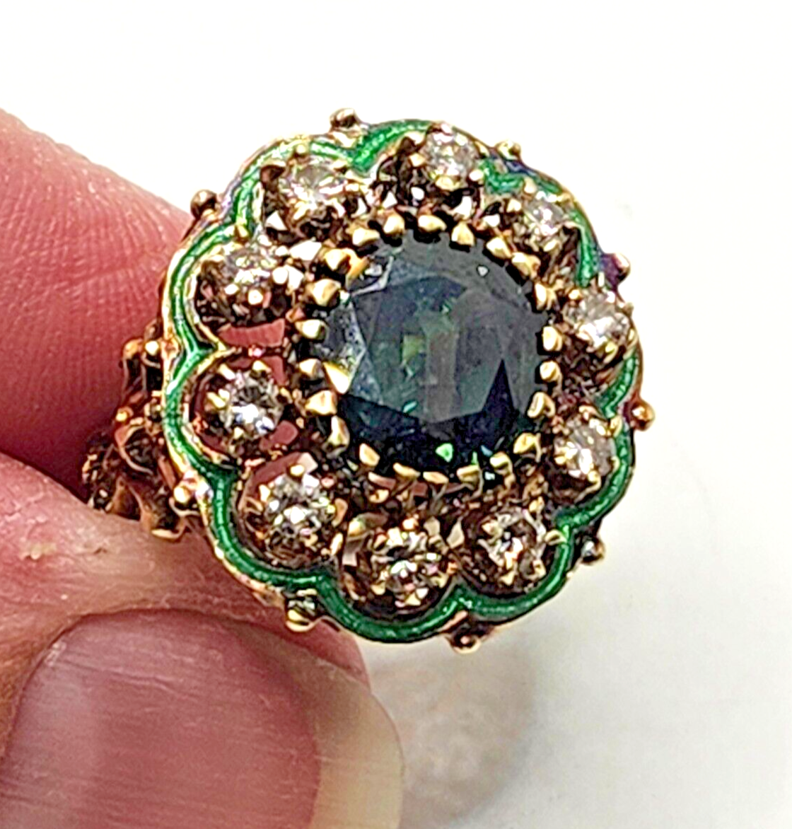 Green Zircon, Diamond Halo & Enamel Scroll Fleur-de-Lis 14k Gold Cocktail Ring image 3
