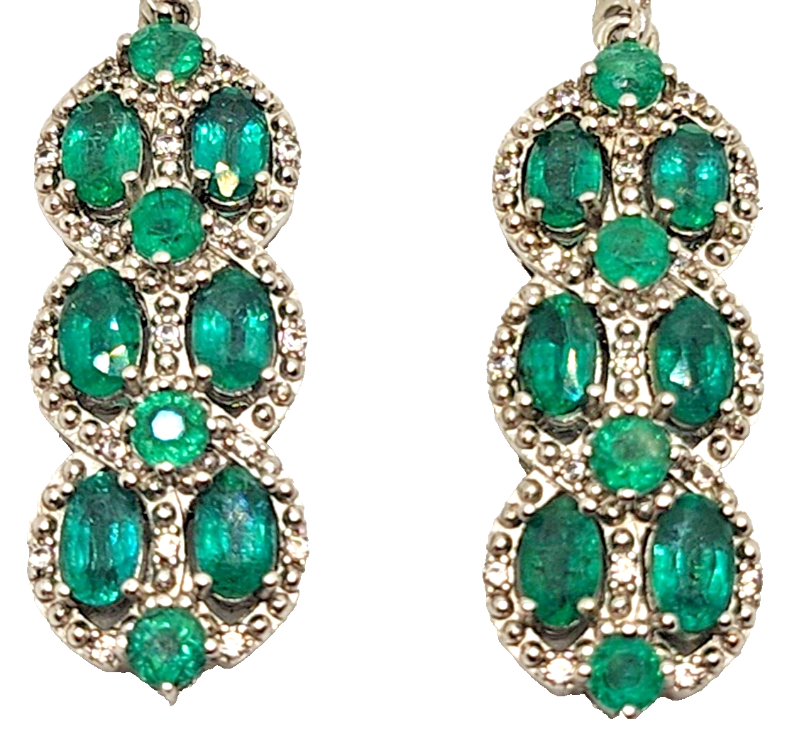Natural Emerald & Diamond Dangle Earrings in Sterling Silver image 4
