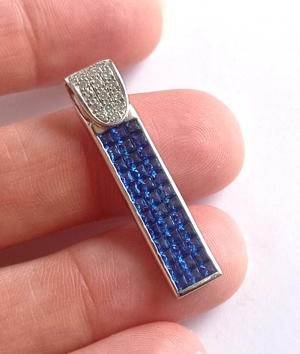 Estate 2.25 Ct Diamond & Ceylon Blue Sapphire 14K White Gold Bar Pendant image 6