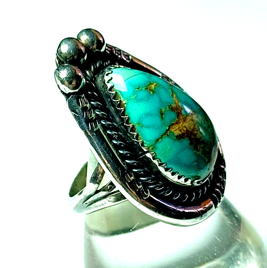 Vintage Native American Sterling Silver & Turquoise Teardrop Shaped Ring G Myers image 3