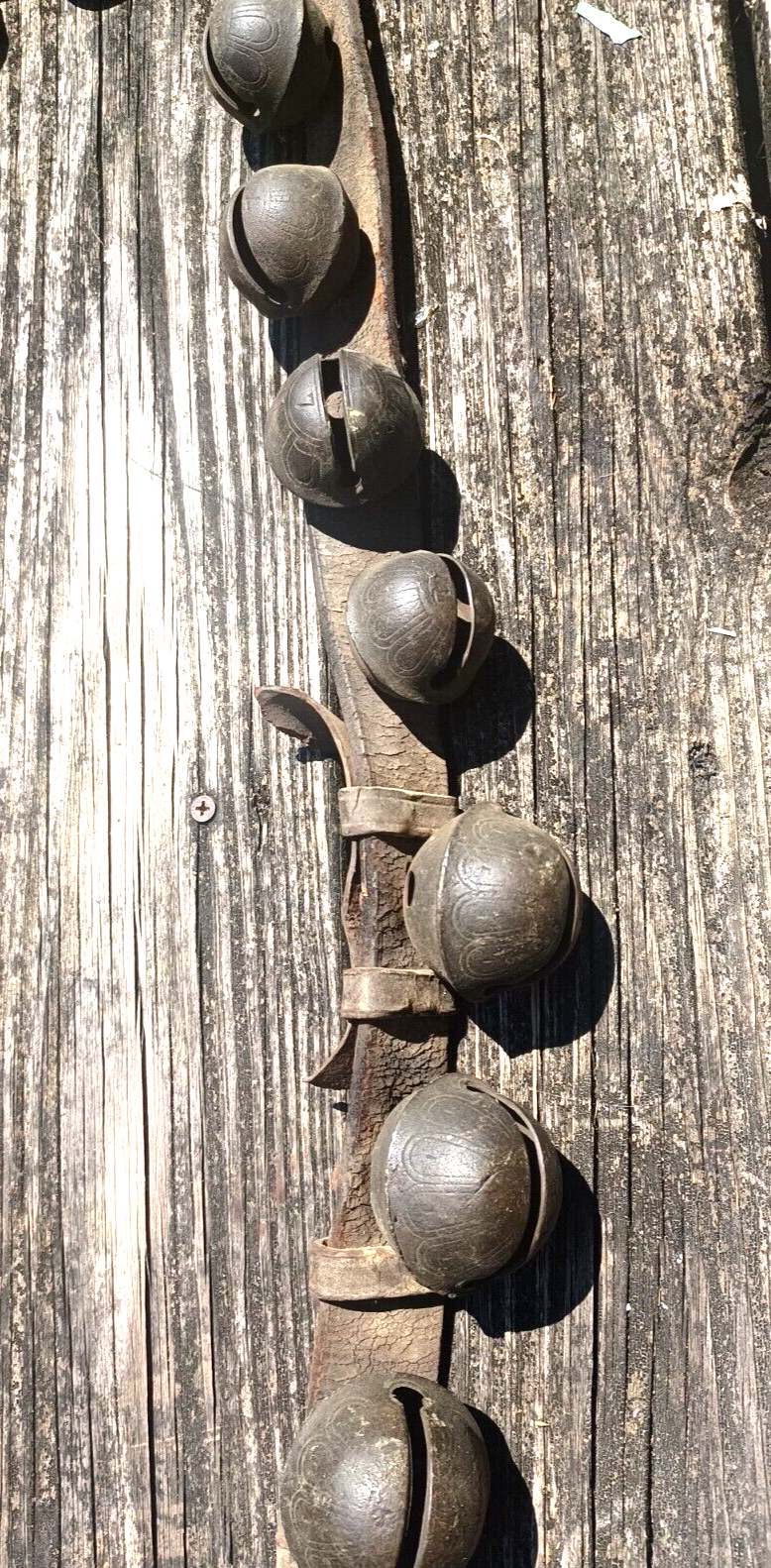 Antique Brass Engraved Sleigh Bells Numbered Original Strap 8Ft Long 24 Bells image 7