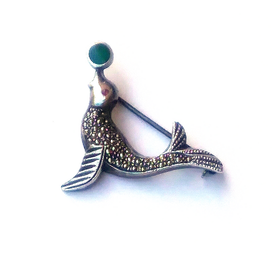 Gorgeous Vintage Sterling Silver Marcasite & Jade Seal Pin Brooch image 0