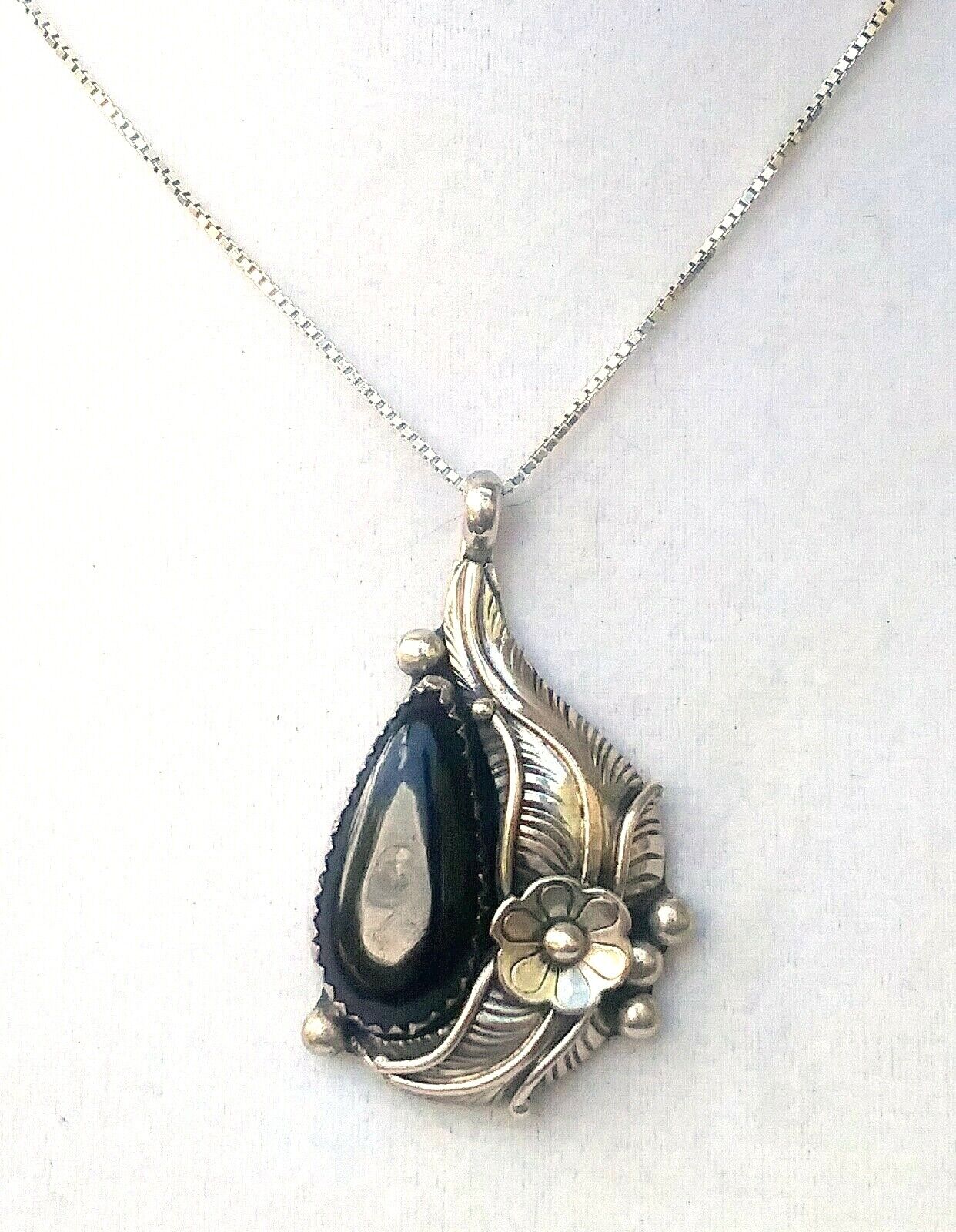 Native American Signed Sterling SIlver & Onyx Pendant with Necklace CC image 1