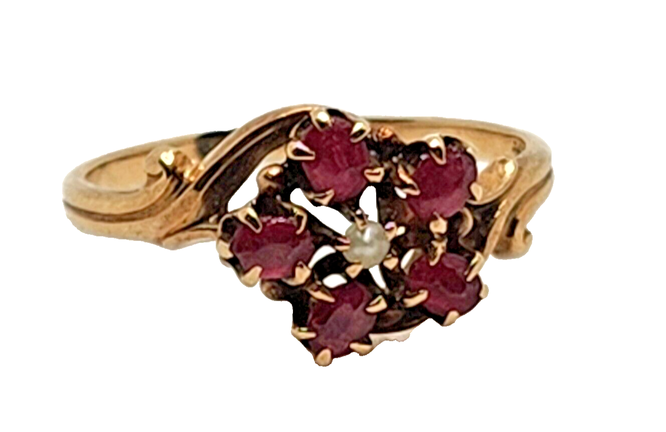 Antique Ruby & Seed Pearl Flower 10K Yellow Gold Ring image 4