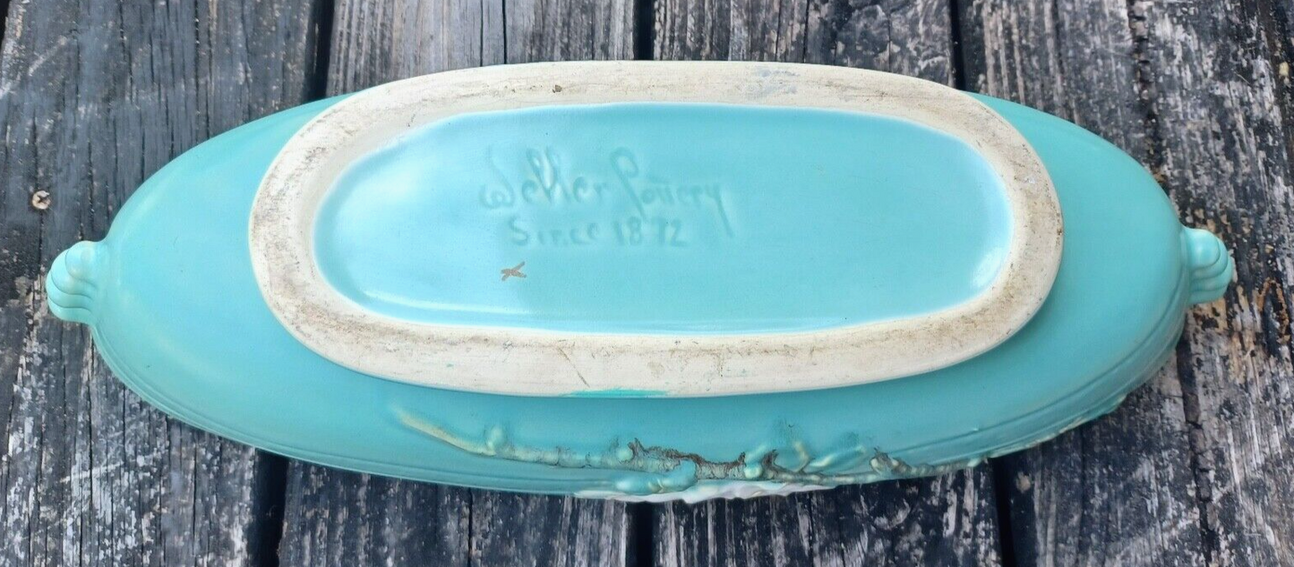 Rare Antique Weller Pottery Turquoise Wild Rose Large Oblong Planter Centerpiece image 13