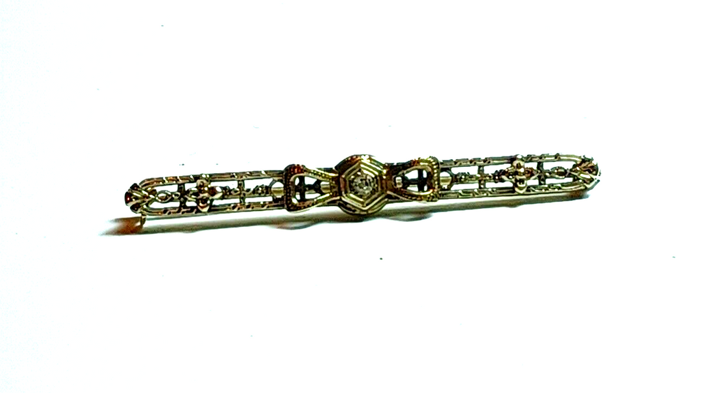 Antique Diamond Bow  & Floral 14K White Gold Bar Pin image 0