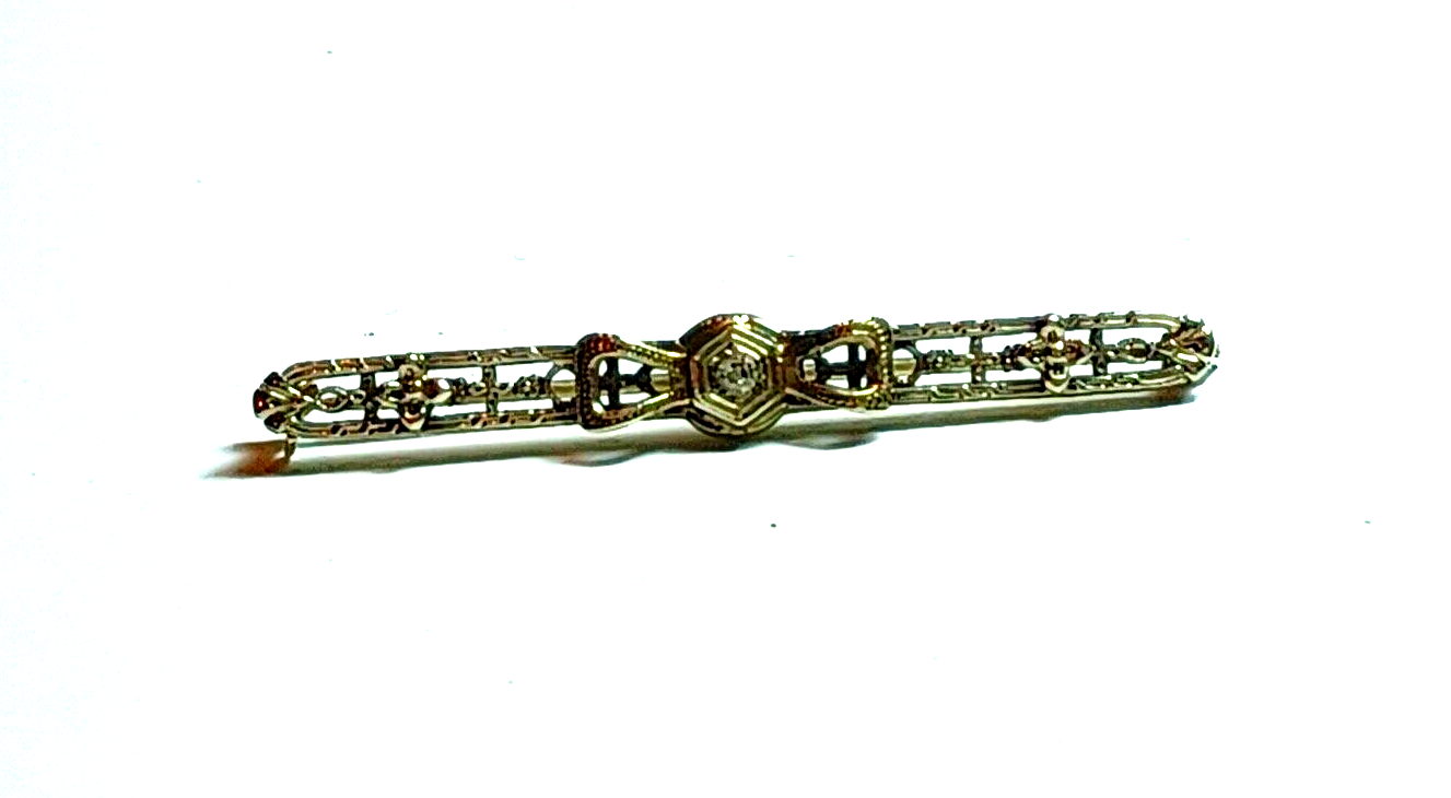 Antique Diamond Bow  & Floral 14K White Gold Bar Pin image 0
